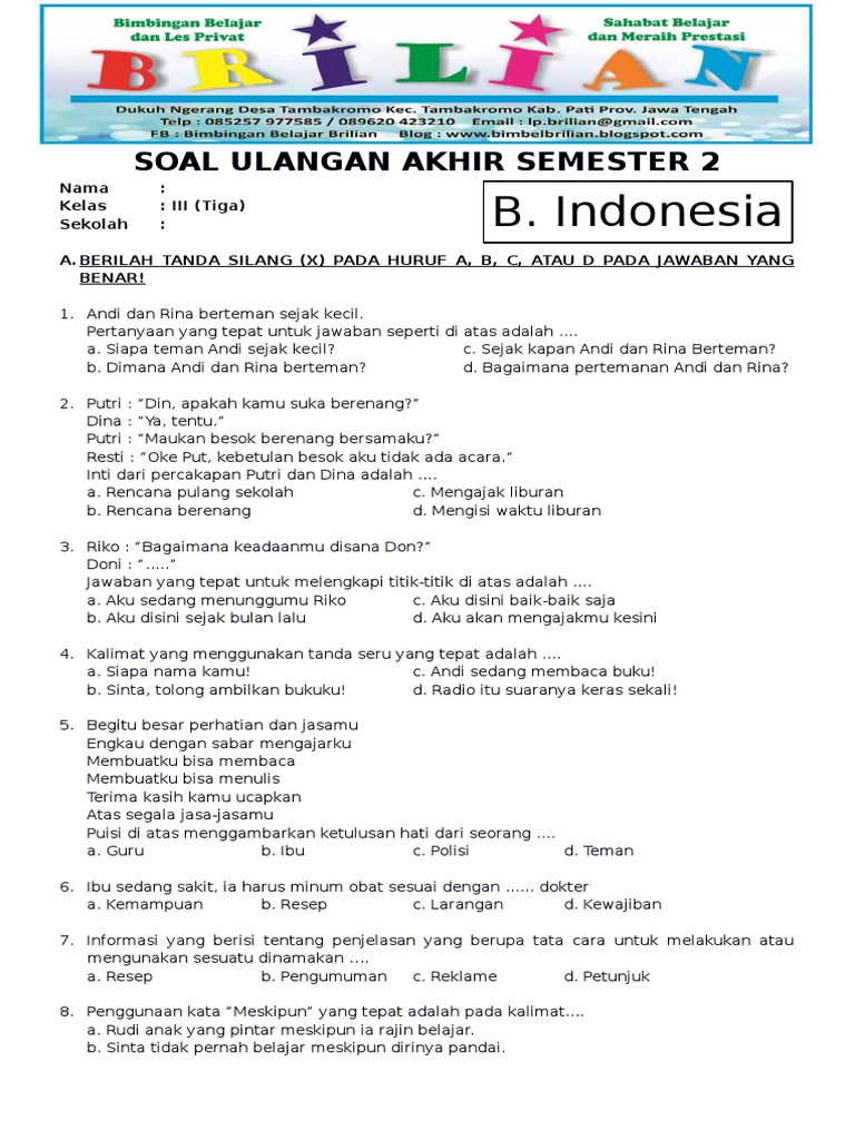 7 Soal Ulangan Bahasa Indonesia Kelas 3 Semester 1 yang Wajib Dikuasai Siswa