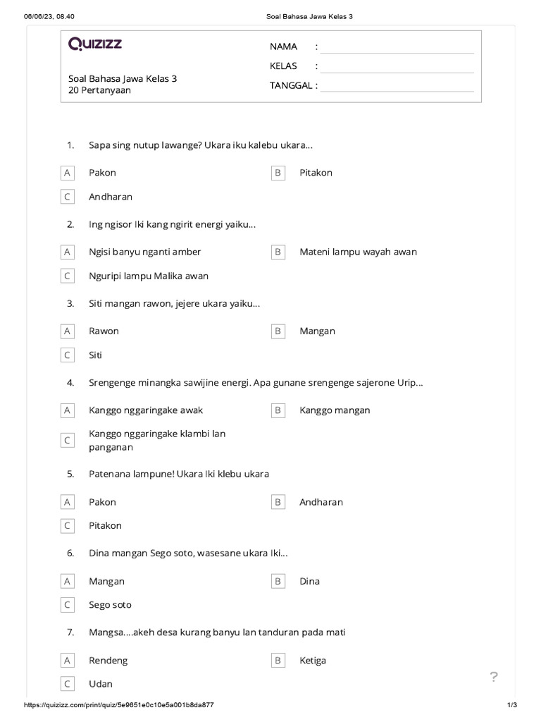 Soal Bahasa Jawa Kelas 3 PDF Soal Bahasa Jawa Kelas 3 PDF