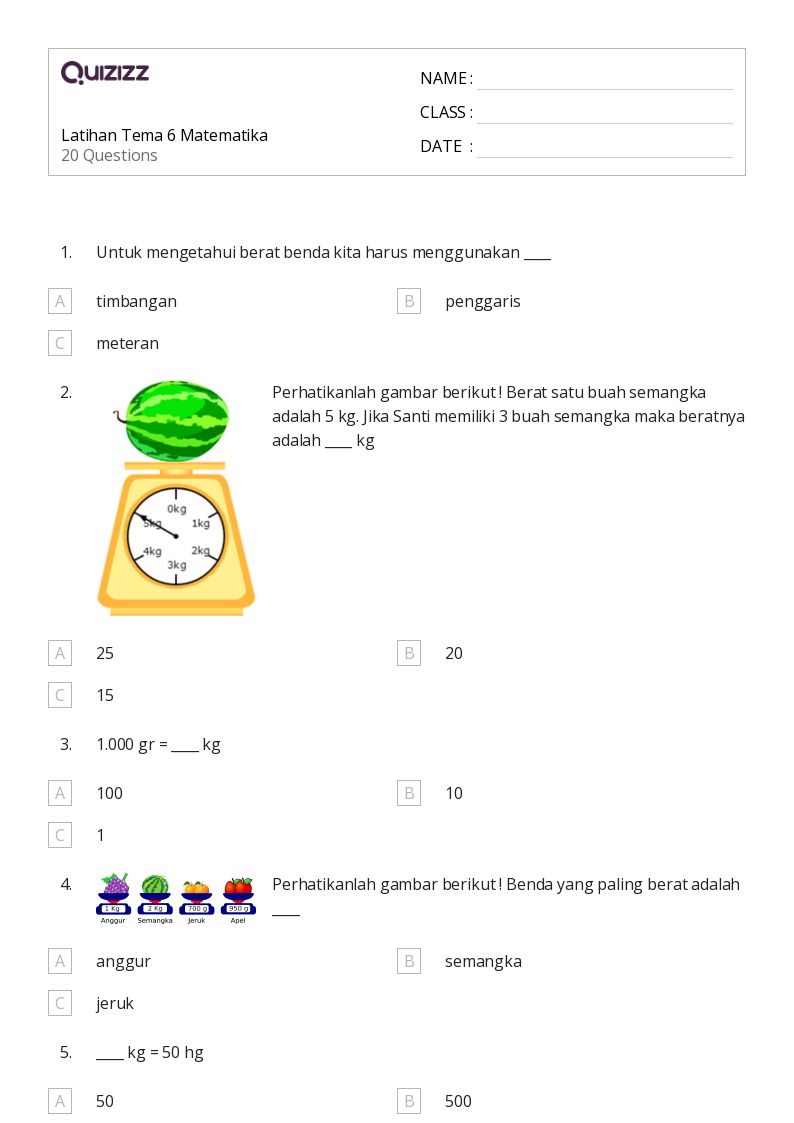 5 Lembar Kerja Soal Matematika Kelas 3 Tema 6 Subtema 1 Siap Cetak, Wajib Dicoba Tahun 2026