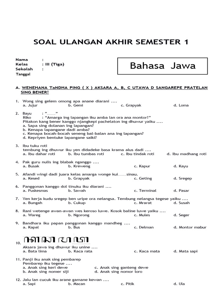 Ayo Nguri-nguri Basa Jawa Kumpulan Contoh Soal Bahasa Jawa Kelas 3 SD