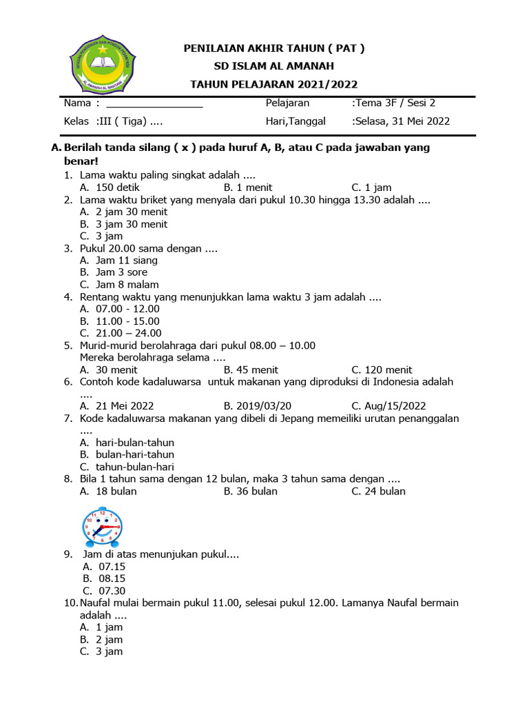 Soal PAT Kelas 3 Tema 3F 2022 PDF