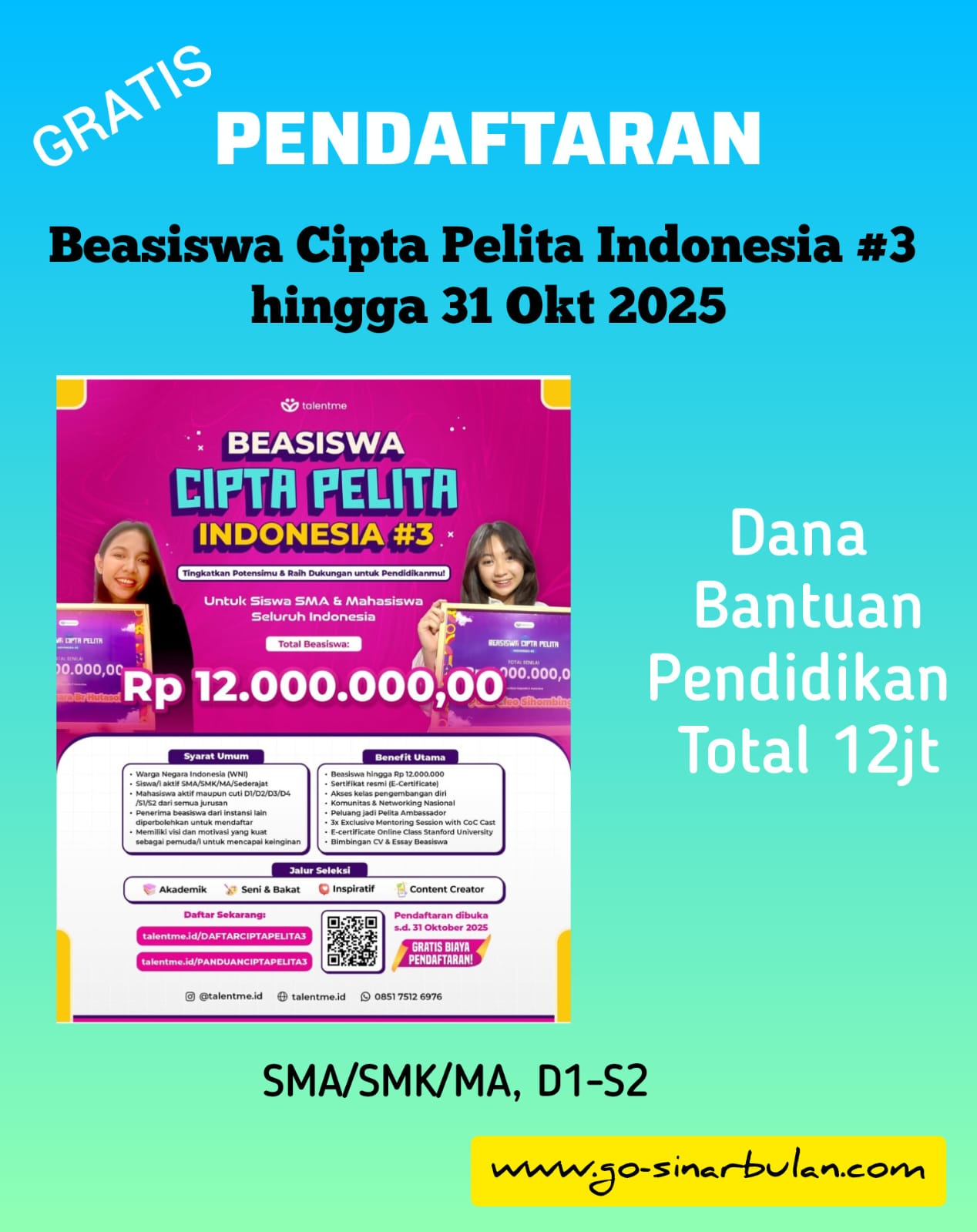 Pendaftaran Beasiswa Cipta Pelita Indonesia 3 Bagi SMA SMK MA D1-S2 Pendaftaran Beasiswa Cipta Pelita Indonesia 3 Bagi SMA SMK MA D1-S2