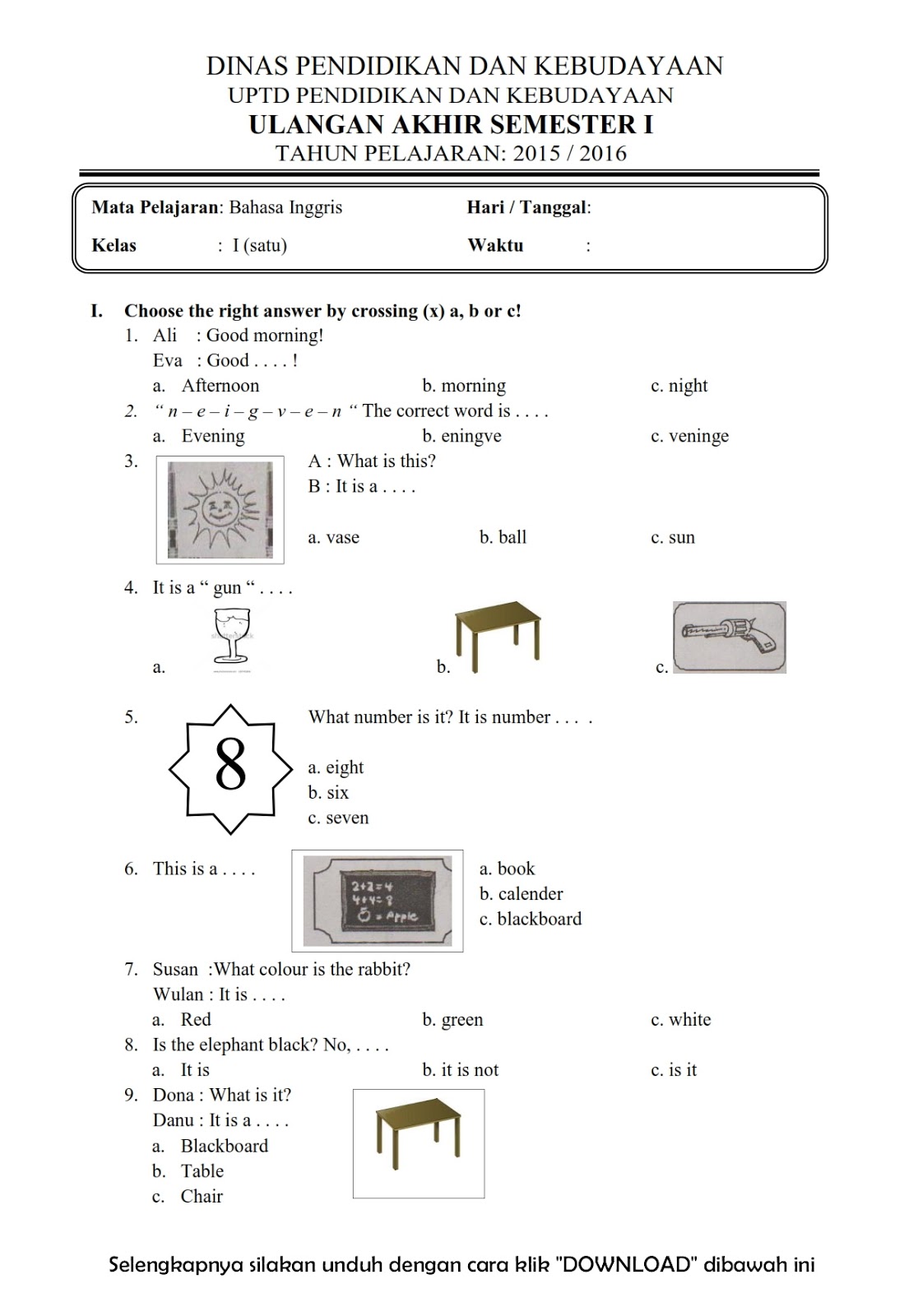 Latihan Soal Bahasa Inggris Kelas 2 Sd