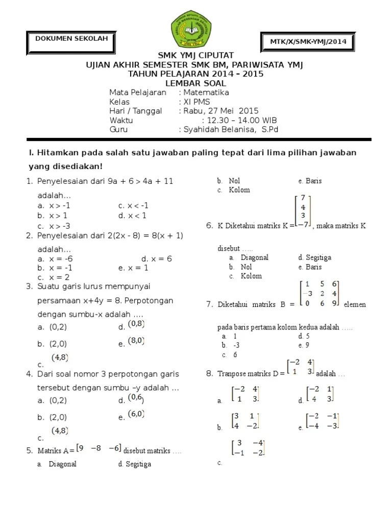 7 contoh soal dan jawaban matematika kelas xi semester 1 yang Terbukti Bikin Nilai Naik