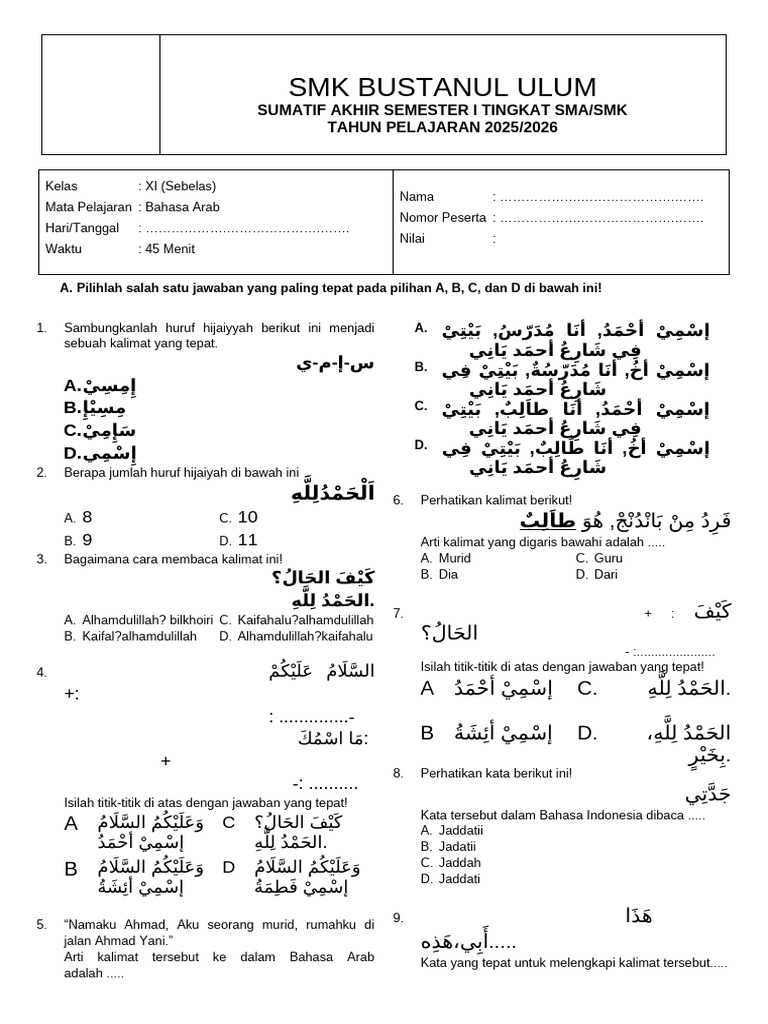 Soal Bahasa Arab Kelas XI SMK 2025 2026 PDF Soal Bahasa Arab Kelas XI SMK 2025 2026 PDF