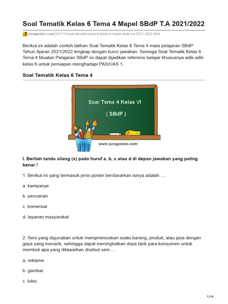 Link Download Soal SBdP Tema 6 Kelas 4 Lengkap dengan Pembahasannya, Wajib Disimak Sebelum Ulangan!