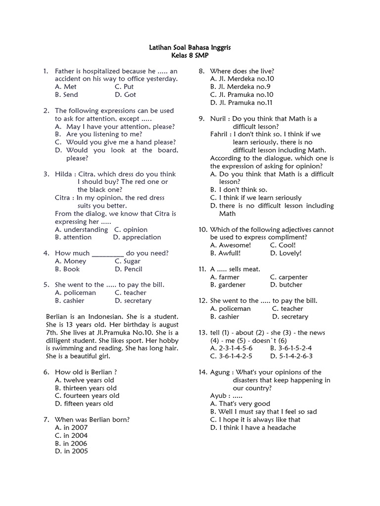 Latihan Soal Bahasa Inggris Kelas 8 PDF Latihan Soal Bahasa Inggris Kelas 8 PDF
