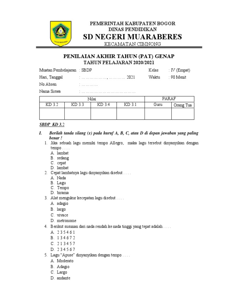 Soal SBDP Kelas 4 PDF