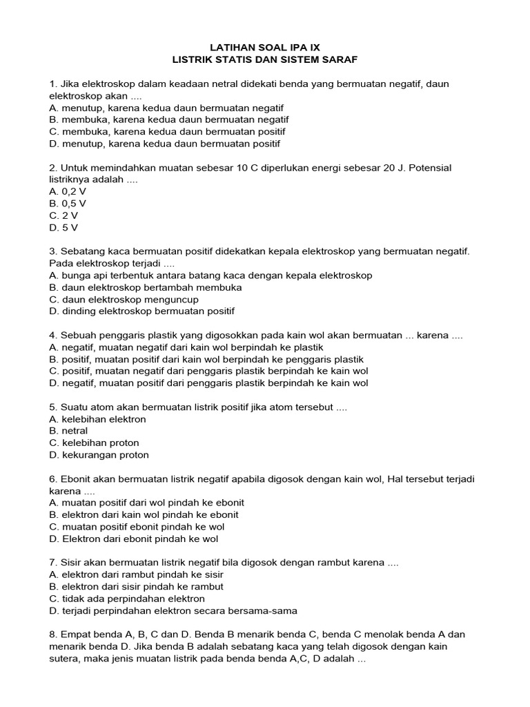 Soal IPA Kelas 9 Listrik Statis Saraf PDF Soal IPA Kelas 9 Listrik Statis Saraf PDF