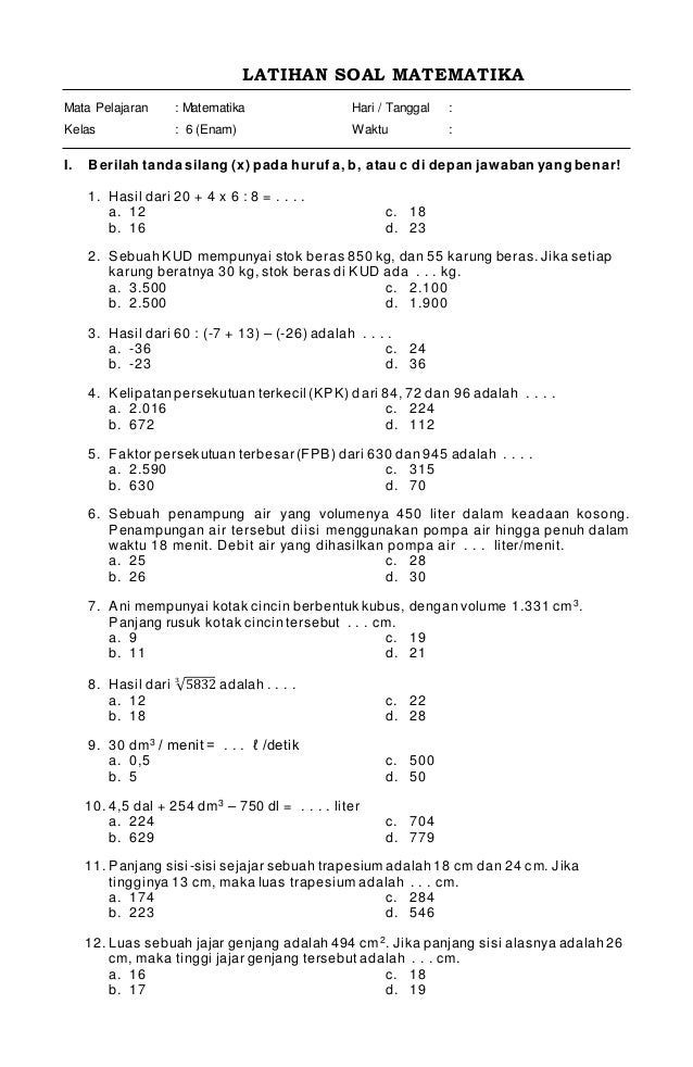 Soal latihan matematika kelas 6