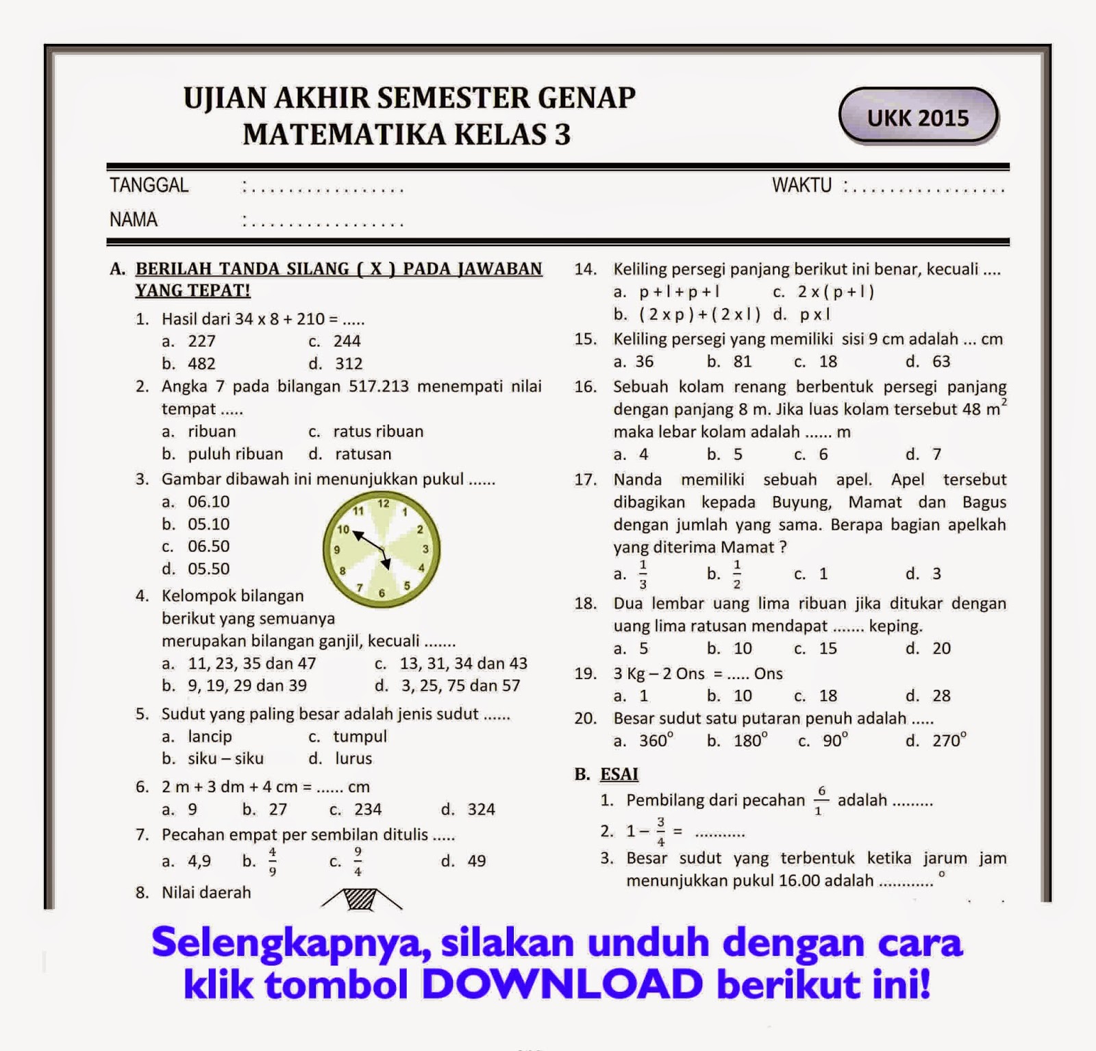 contoh latihan soal ukk kelas 3 sd tik