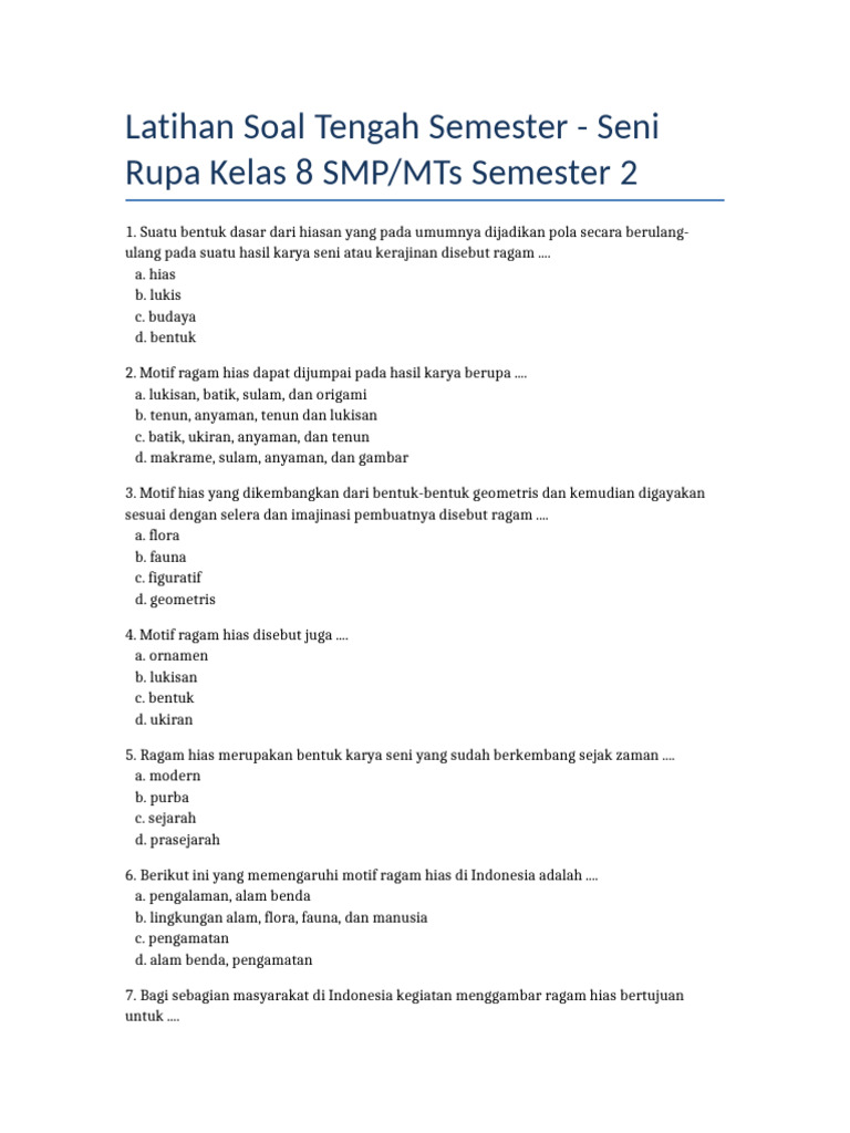 contoh soal mid semester 2 seni rupa kelas 8 smp