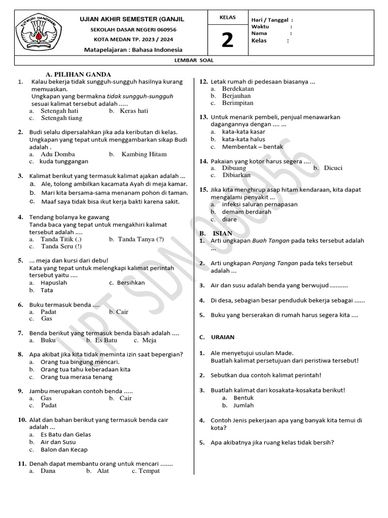 contoh soal mid semester kelas 2 sd contoh soal mid semester kelas 2 sd