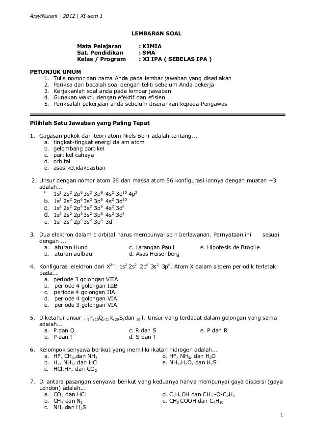 contoh soal dan pembahasan uas kimia kelas 11 semester 1