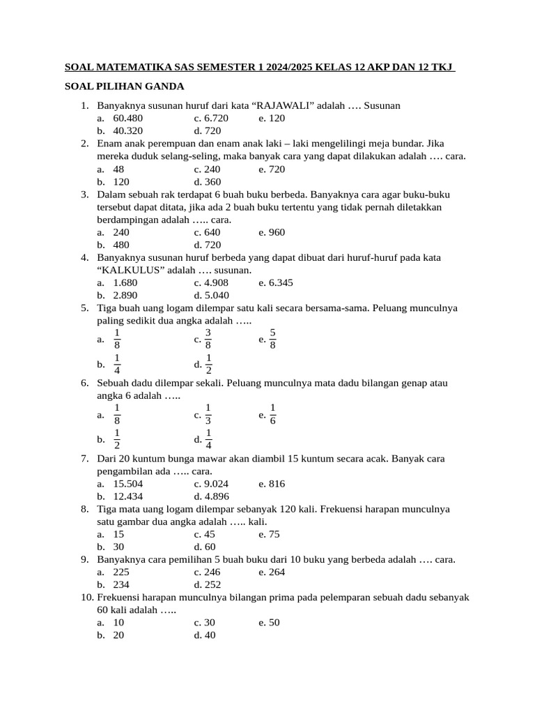 Soal Matematika Kelas 12 Semester 1 PDF