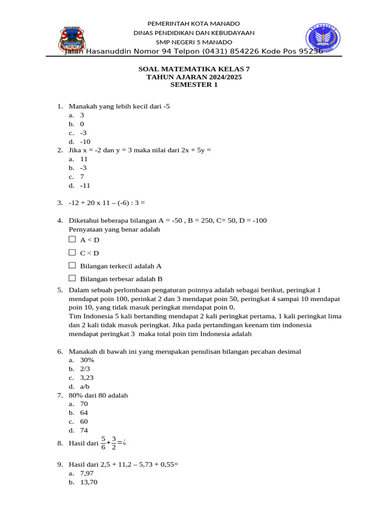 Rahasia Nilai Sempurna dengan Latihan Soal Matematika Kelas 7 Semester 1 Kurikulum 2013 Scribd