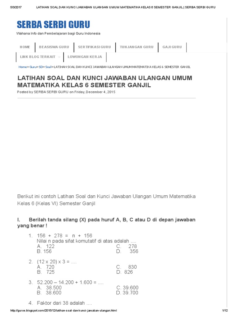 Rahasia Skor Sempurna Latihan Soal Matematika Kelas 6 Semester 1 dan Kunci Jawaban Terbaru