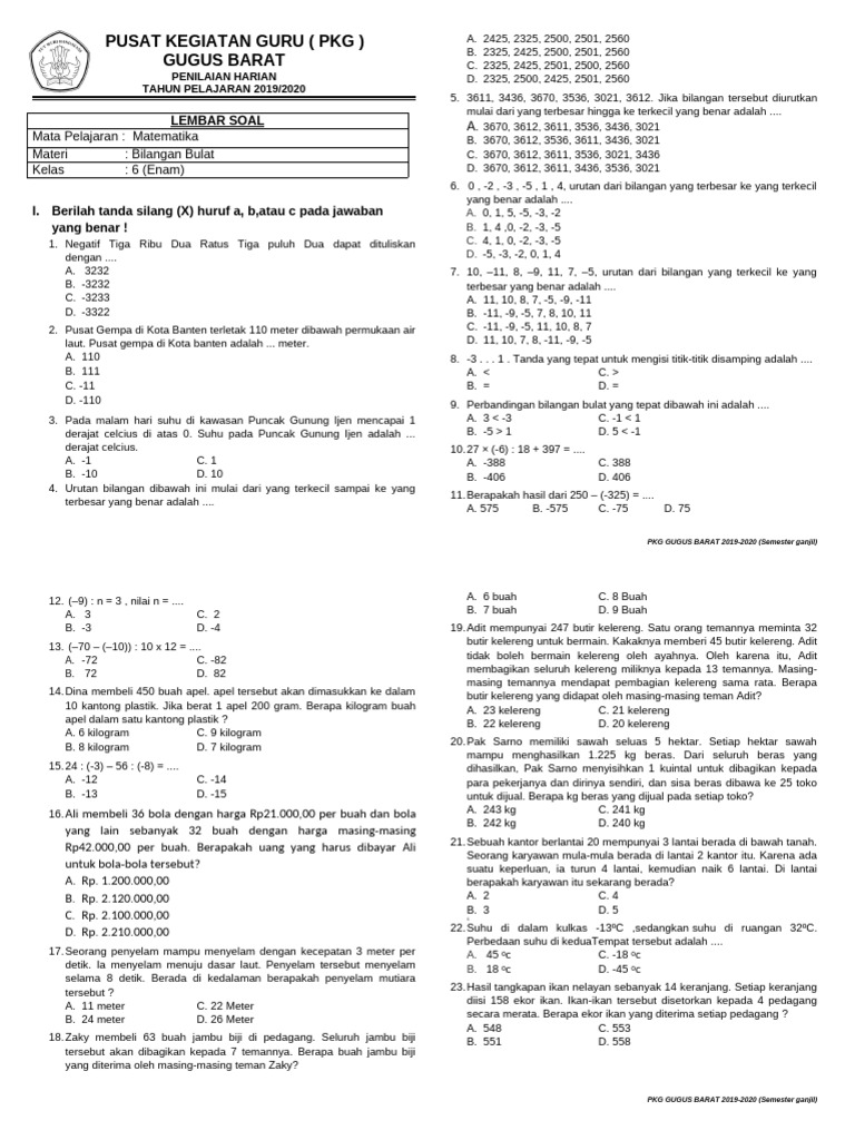 Rahasia Skor Tinggi Latihan Soal Matematika Kelas 6 Semester 1 Bab 1 Terbukti Ampuh