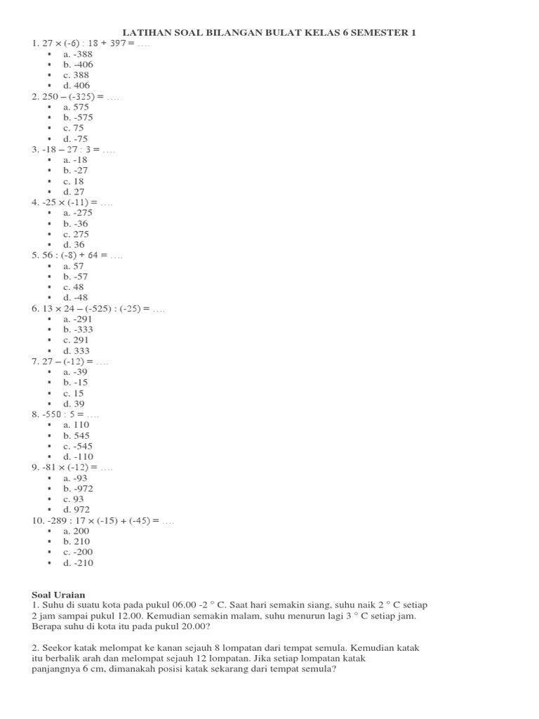 Rahasia Skor Tinggi Latihan Soal Matematika Kelas 6 Semester 1 Bilangan Bulat Terbukti Ampuh