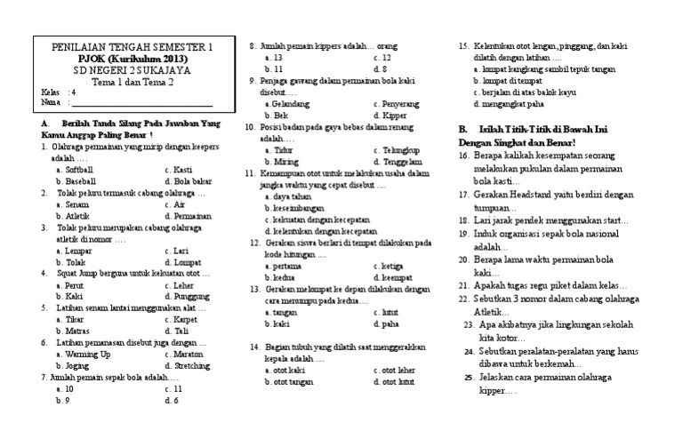 Soal UTS Penjaskes Kelas 4 Dapodikdasmen - Info | PDF
