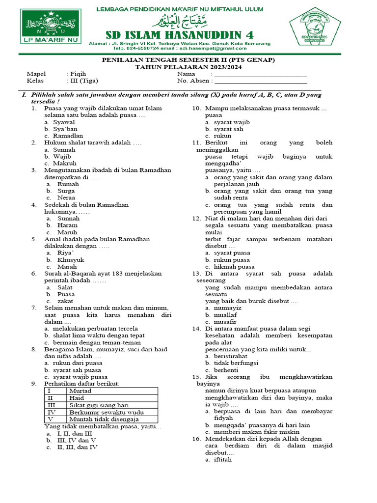 Soal Ujian Fiqih Kelas 3 Semester 2 | PDF