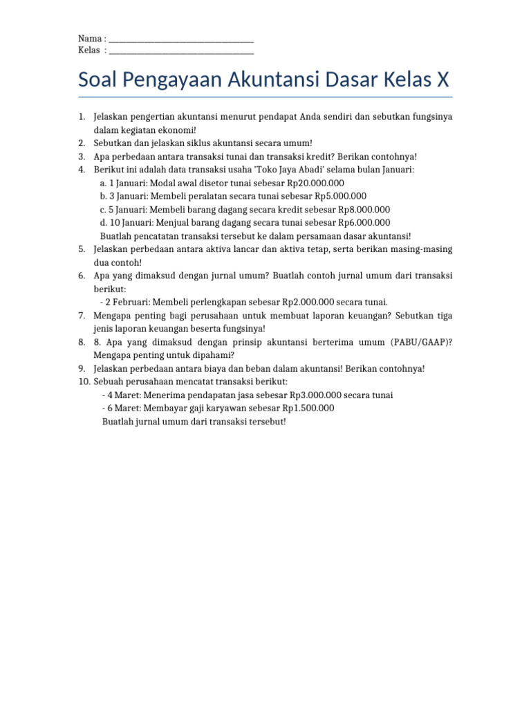 Soal Pengayaan Akuntansi Kelas X | PDF
